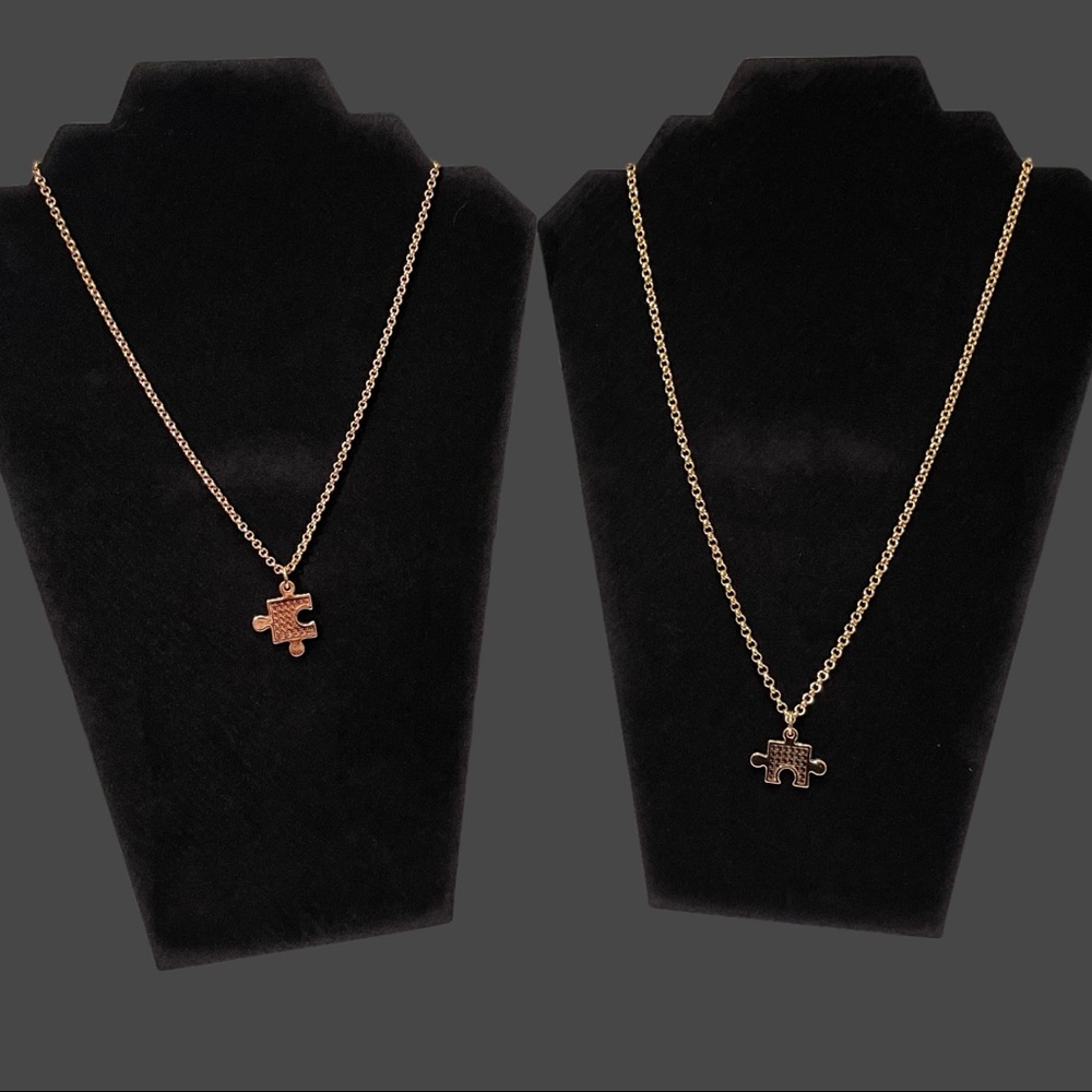 Two Necklaces Couples Puzzle Pieces Gold Tone Unisex
